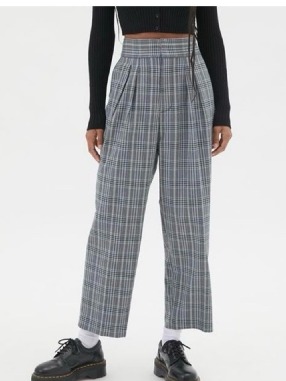 Urban Outfitters Paige Pleated Cropped Trouser Pants Size S black white blue